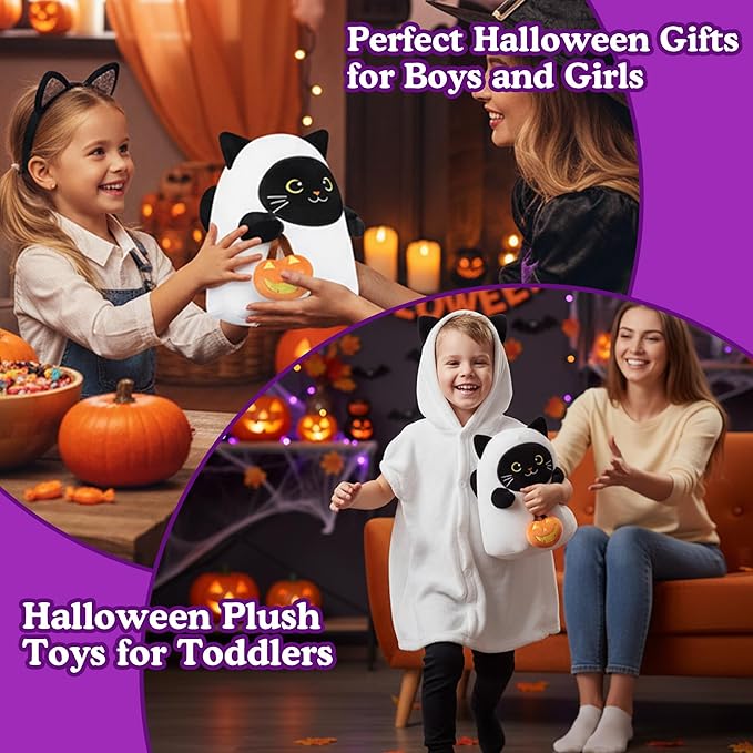 Halloween Ghost Stuffed Animal, Halloween Ghost Black Cat Plush Toy with Pumpkin Gifts for Girls Boys Decor 10 Inch