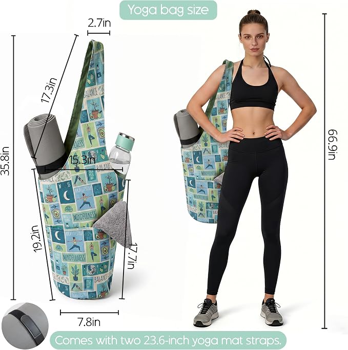 CosInStyle Heavy Duty Cotton Canvas Yoga Bag with Multi-Pocket Organizer, Large Capacity Gym Sports Bags, With 2 Bonus Mat Straps