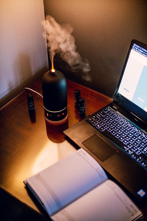 Black Stone Essential Oil Diffuser – Ceramic Aromatherapy Diffuser with Ultrasonic Mist, LED Ambient Light & Auto Shut-Off for Home, Bedroom, Office