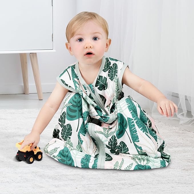 BSTOPPT 3 Pack Baby Sleep Sack 6-12 Months 100% Rayon Cotton Baby Sleeping Bag 2-Way Zipper Toddler Wearable Blankets Comfy Stretchy TOG 0.3 Lightweight（Banana&leaf&green）