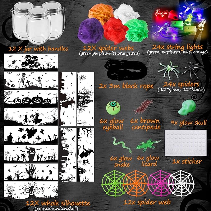 OCHIDO 12Pack Halloween Crafts for Kids, Halloween's Mason Jar with Accessories for Halloween Activities, DIY Lantern Jar Craft and Art Party Favor Supplies, Classroom Art Activities