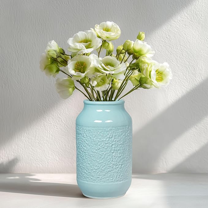 Blue Ceramic Vase for Home Decor - 9 Inch Textured Flower Vase for Table Centerpiece - Modern Decorative Pottery Vases for Flowers, Living Room, Shelf, Mantle Decor
