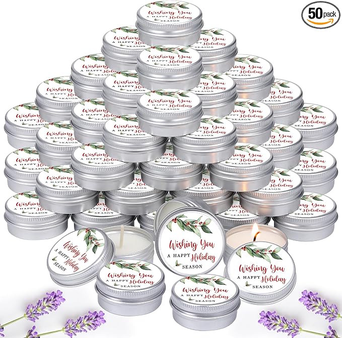 MTLEE 50 Pcs Happy Holiday Candles Gift Favors for Guests 1 oz Christmas Holly Lavender Scented Soy Wax Aromatherapy Candle Favors for Xmas Winter Bridal Shower Wedding Party Guests