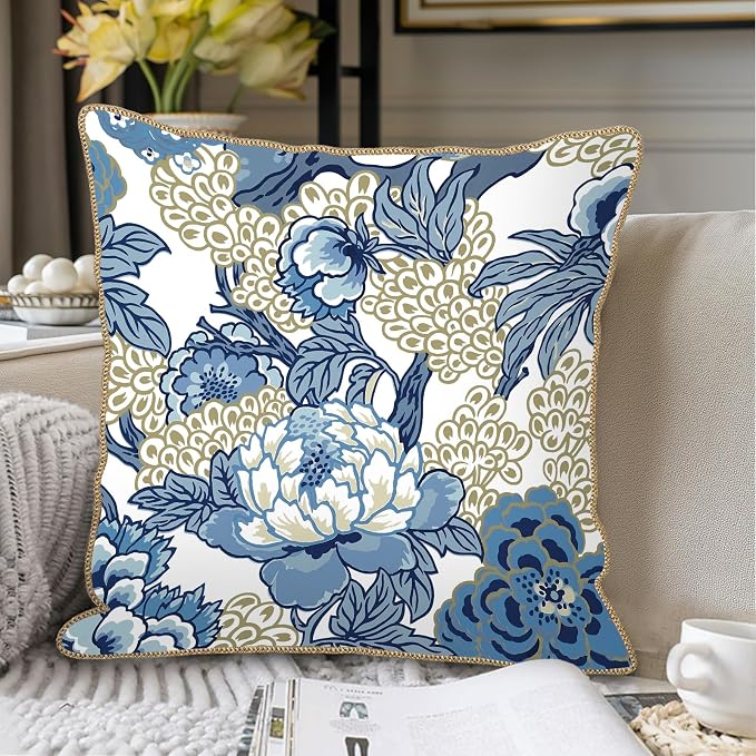 KSLIDS Vintage Floral Soft Velvet Throw Pillow Covers Set of 2 Blue Beige Floral Decorative Pillow Covers 20x20 Inch Chinoiserie Retro Pillow Case for Sofa Couch Bedroom Farmhouse Home Decor