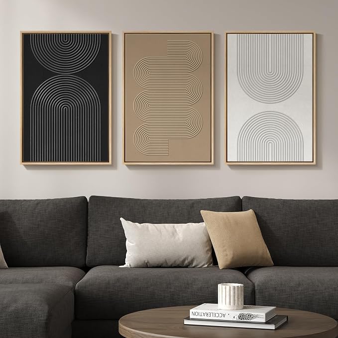 3D Textured Framed Neutral Abstract Geometric Wall Art Set of 3, 16 x 24 In | Solid wood frame, sculptural linework, black, beige and white palette, modern minimalist boho decor for living room bedroom