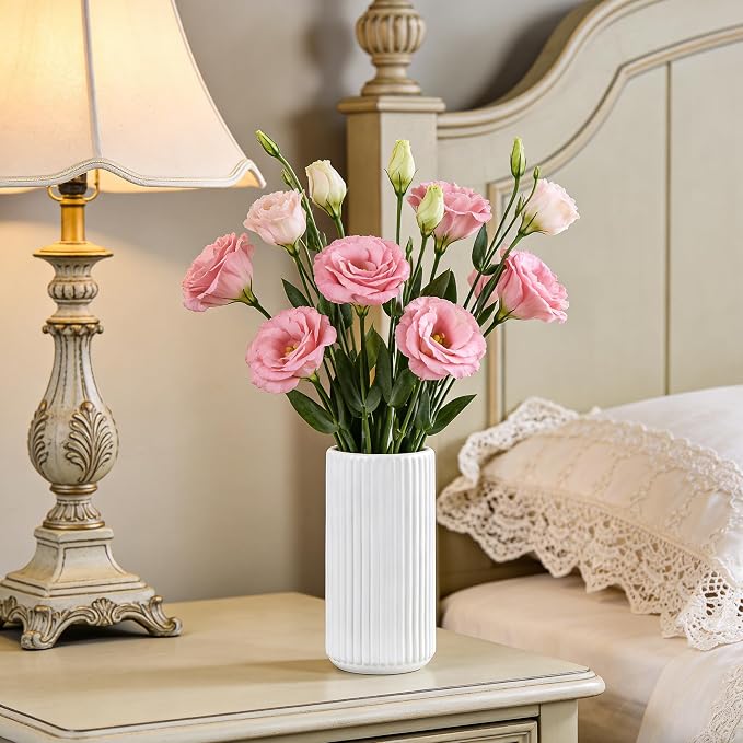 White Ceramic Flower Vase for Pampas Grass, 8 inch Small Decorative Centerpiece Ribbed Vase for Dining Table, Office Desktop, Shelf Bookshelf, Mantel, Entryway, Bathroom, Countertop, Farmhouse, Gift
