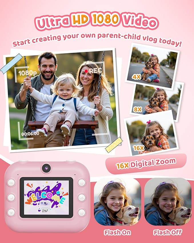 Instant Camera, Front Rear Dual Selfie Kids Camera with 1080P Videos, Holiday Birthday Gifts for Kids Age 3-12, Toddler Portable Travel Print Digital Camera Toy for 4 5 6 7 8 9 Year Boys Girls