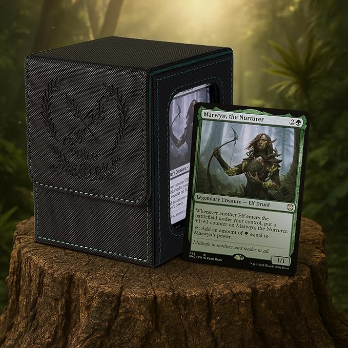 Venssu MTG Deck Box with Commander Display, Elf Card Deck Case Fits 120 Single Sleeved Cards, TCG Card Storage Box with 2 Dividers and 1 Toploader (Black＆Green)