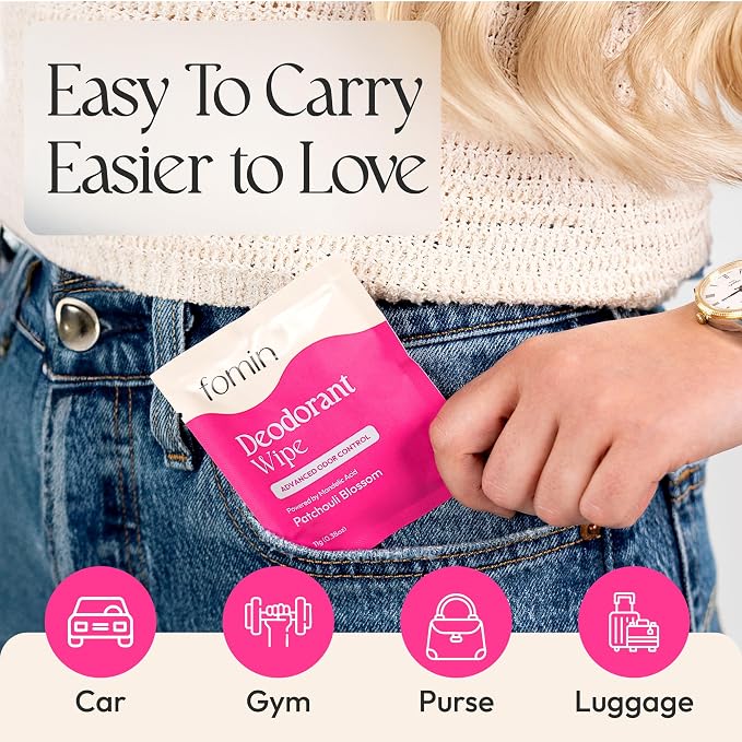 FOMIN Acidified Travel Deodorant Wipes For Women & Men - 15 Count - Patchouli Blossom - pH Balanced, Mini Deodorant Travel Size Wipes - Plastic-Free, Individually Wrapped Underarm Body Wipe