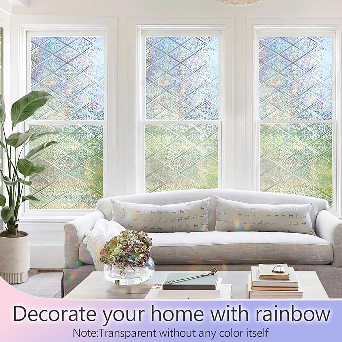 KESPEN Stained Glass Window Film Decorative Rainbow Privacy Window Film Anti UV Static Cling Glass Stickers for Home, 29.5 Inch X 6.5 Feet