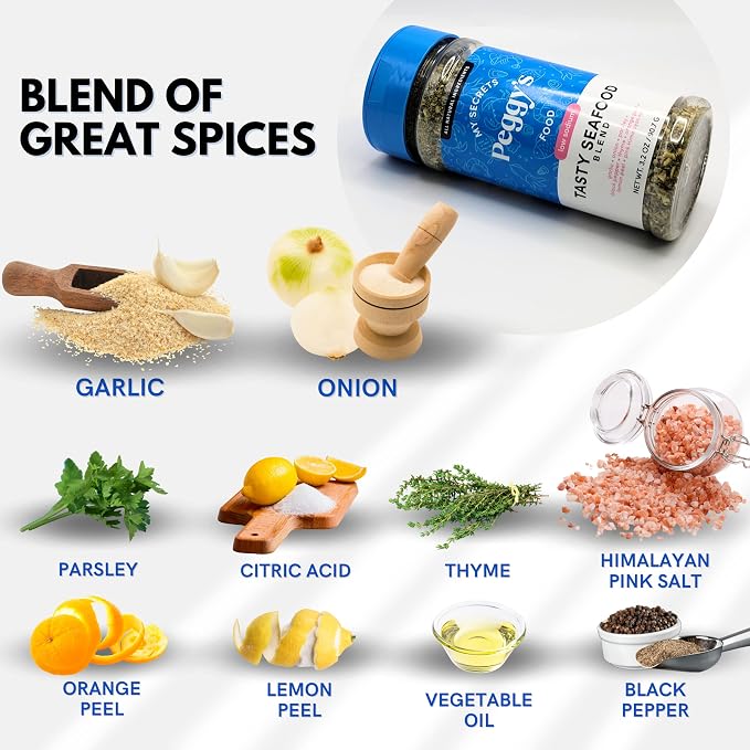 My Secrets Peggy's Food Tasty Seafood Blend - Premium Gourmet Seasoning with Himalayan Pink Salt - Zesty Spice Mix for Grilling, Roasting, and Frying Fish, Shrimp, and Shellfish - 3.2 oz