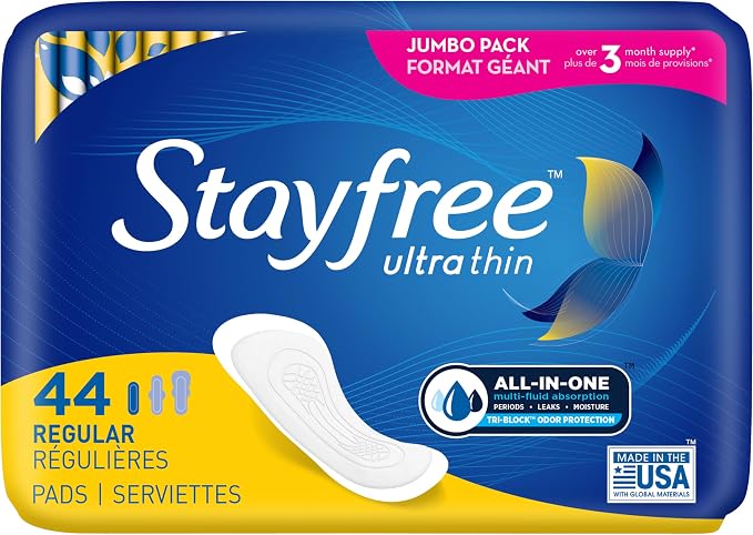 Stayfree Ultra Thin Regular Pads For Women, Wingless, Reliable Protection and Absorbency of Feminine Moisture, Leaks and Periods, 44 count - Pack of 4