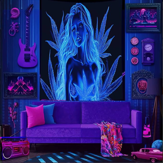Bcsewcg Blacklight Tapestry, Women Sexy Blue Tapestry, Blacklight Art Tapestry Wall Hanging, Uv Glow in the Dark Hot Girl Poster for Adults Room Bedroom Dorm Wall Decor
