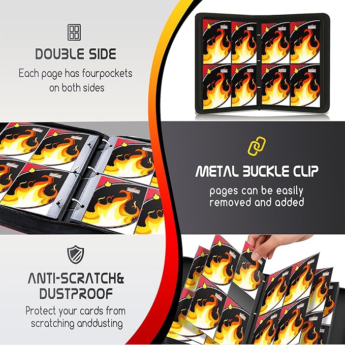 Trading Card Binder 4 Pocket,400 Pocket Card Collection Binder with 50 Removable Sleeves,PU Waterproof Top Card Book,3-Ring Zipper Collectible Trading Card Album for MTG/TCG/Card Holder Gift(Fire）