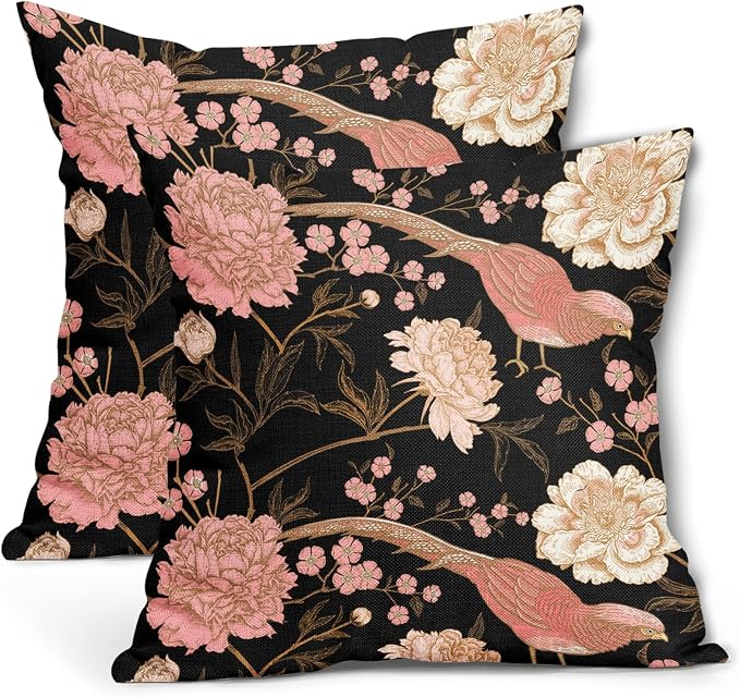Flowers Birds Leaf Pillow Covers 18X18 Inch Set of 2 Pink White Roses Floral Decorative Pillow Cases Art Retro Black Gold Cotton Linen Cushion Case Vintage Home Decor For Sofa Couch Porch Outdoor