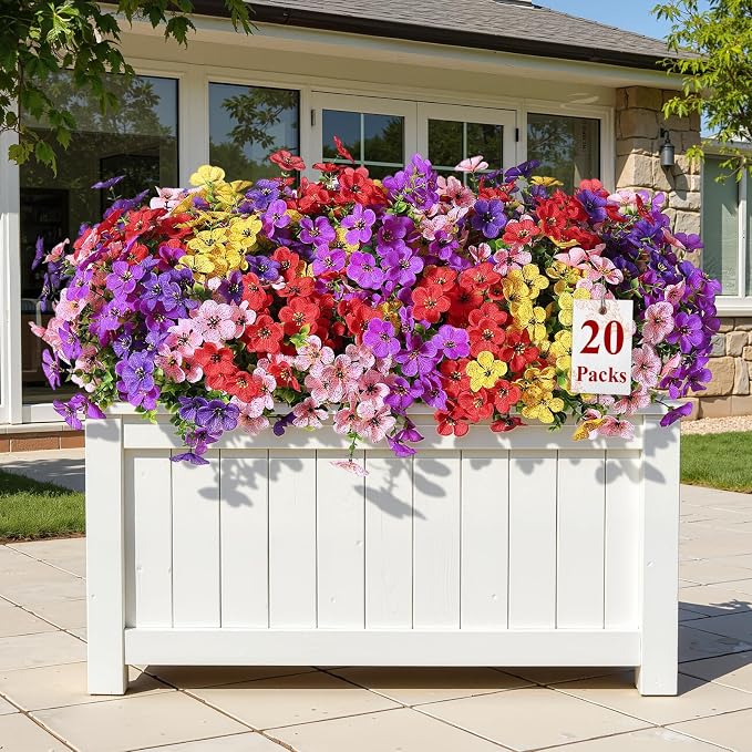 Alupssuc 20 Bundles Artificial Flowers for Outdoor Indoor Decoration | UV Resistant No Fade Fake Plants Eucalyptus, Colorful Faux Spring Flowers for Outside Yard Porch Patio Garden Home Window Box