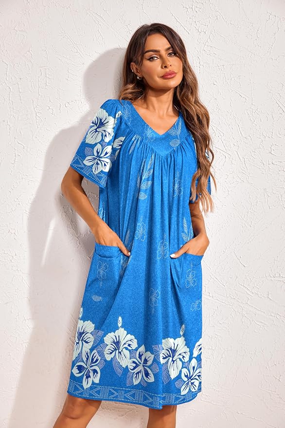 Ekouaer Womens House Dress Floral Print Nightgown with Pockets Mumu Dress