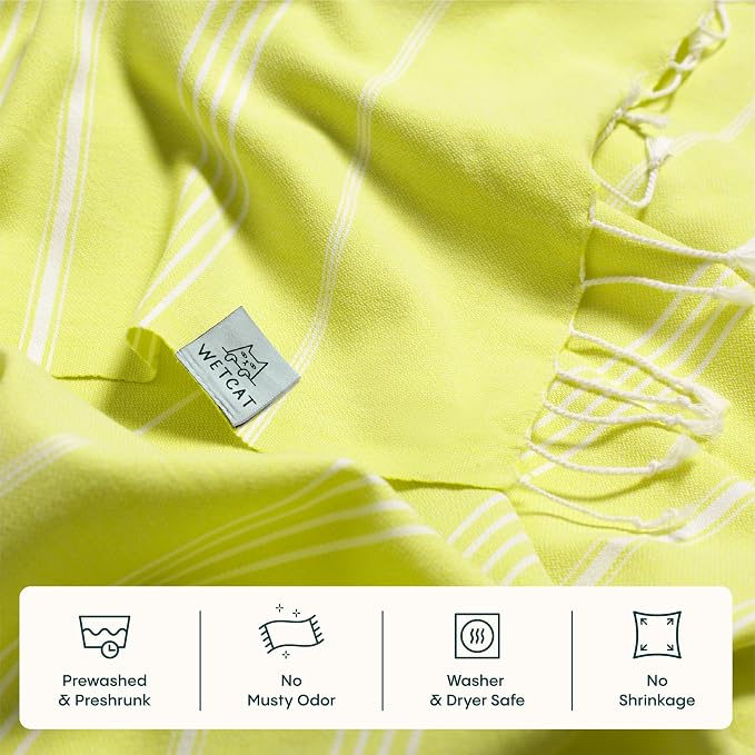 WETCAT Turkish Beach Towel Oversized (38"x71") 100% Turkish Cotton, Made in Turkey - Sand Free, Extra Large, Ultra Soft, Quick Drying, Compact & Lightweight for Travel - Citrus