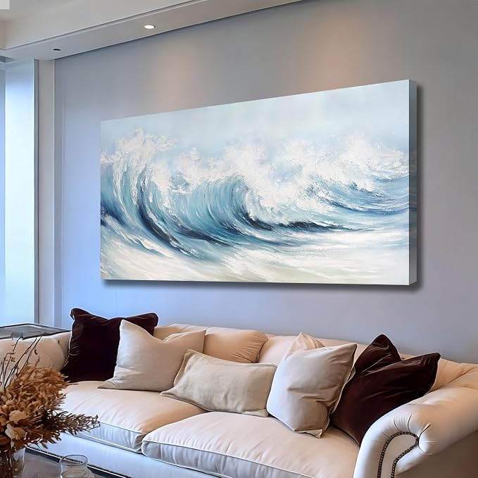 Belmrxne Coastal Wall Art Blue and White Wall Decor Ocean Canvas Painting Wave Textured Artwork Modern Aesthetic Wall Painting for Living Room Bedroom Office 29x58 Inches