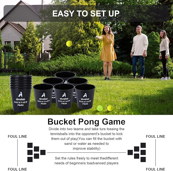Aivalas Yard Pong Outdoor Games, Giant Yard Games Set with 12 Buckets and Balls for Adults and Family, Toss Game Throwing Games for Beach, Camping, Lawn and Backyard