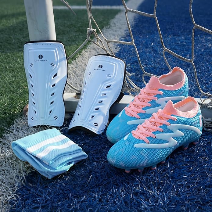 brooman Kids Firm Ground Soccer Cleats Boys Girls Football Shoes with Shin Guards and Soccer Socks
