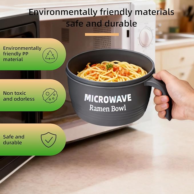 Layron Large Ramen Bowl Set, Ramen Noodle Bowls Microwavable 45 oz, Ramen Cooker, Microwave Pasta Cooker, Ramen Bowl Microwave Gift for College Male Female Dorm Room (grey)