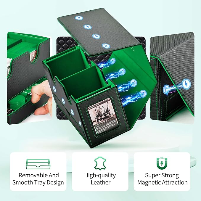 UAONO Card Deck Box for MTG, Double Card Storage Box with 2 Commander Display & 1 Dice Tray, Fits 200+ Double Sleeved Cards, Organizer for CCG TCG Sports Cards (Black Green)