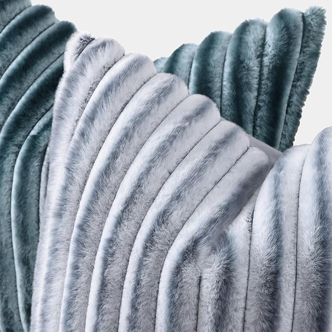 decorUhome Fall Faux Fur Throw Pillow Covers 12x20 Set of 2 Blue Grey | Decorative Soft Cozy Striped Plush Modern Farmhouse Boho Couch Pillow Cases Velvet Back for Sofa Bed Living Room Home Decor