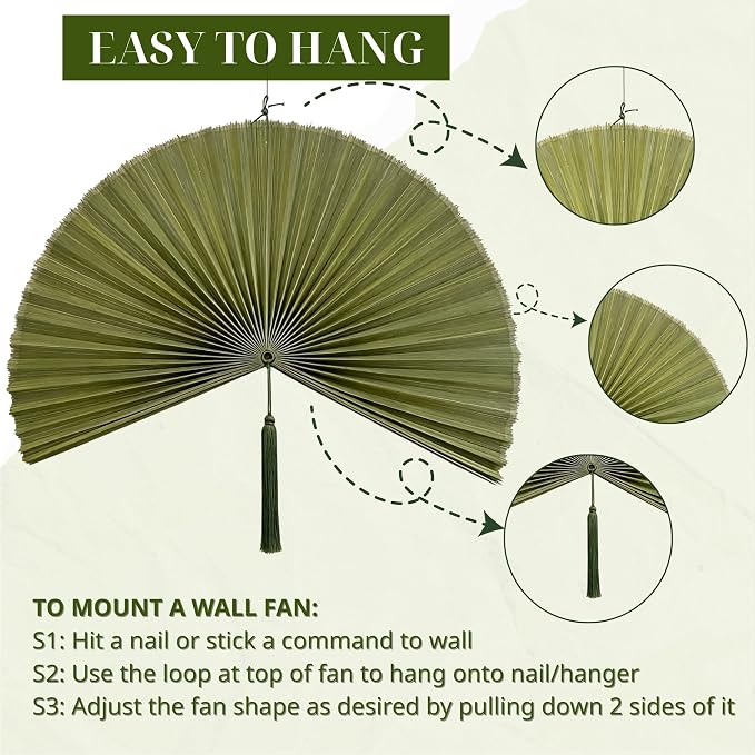 ChumDecor Bamboo Fan Wall Decor, Japanese Wall Fan Art, Army Green 60 in | Large Bamboo Fan Wall Art For Boho Hanging Headboard And Above Bed Decor Giant Japanese Style Folding Fan Easy To Hang