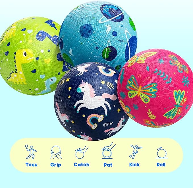 ZOOJOY Pack of 4 Cartoon Playground Balls, 8.5" Rubber Bouncy Kickball Set, Indoor & Outdoor Dodgeball Kickball Balls for Toddler 3-12, School Games Toys for Boys and Girls with Pumps and Boxes