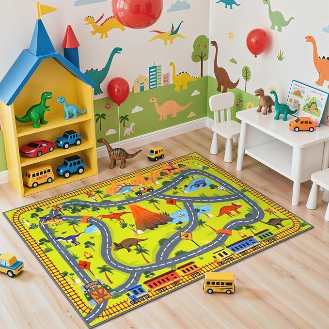 LIVEBOX Kids Playroom Rug-Dinosaur Car Rug Play Mat, 3x5 Washable Non Slip Jurassic Park Rugs for Boys and Girls Bedroom,Nursery,Play Room