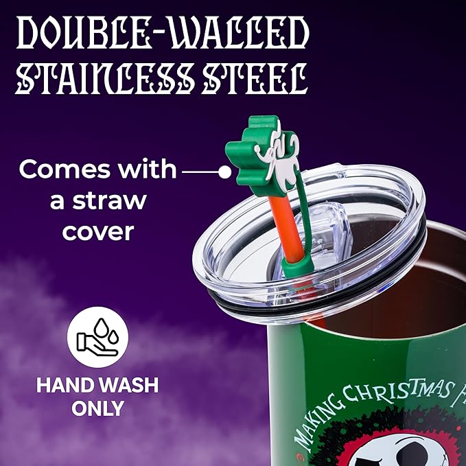 Silver Buffalo Disney Nightmare Before Christmas Making Xmas Fright Jack Skellington & Zero Double Walled Stainless Steel Tumbler w Handle, Straw, and Straw Cap, Fits in Standard Cup Holder, 40 Ounces