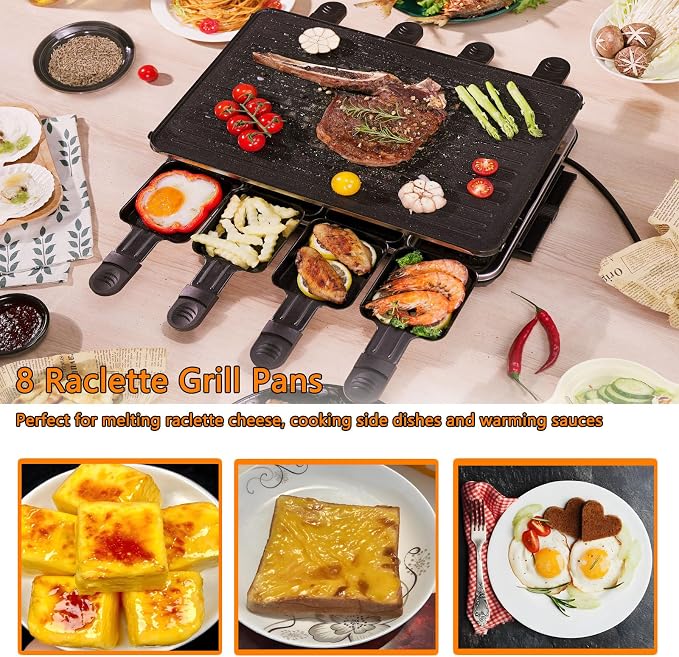 Electric Korean BBQ Indoor Grill Table Smokeless Portable Griddle Raclette Grill Nonstick with 8 Cheese Maker Pans Temperature Control & Dishwasher Safe 1300W Ideal for Parties and Family Fun