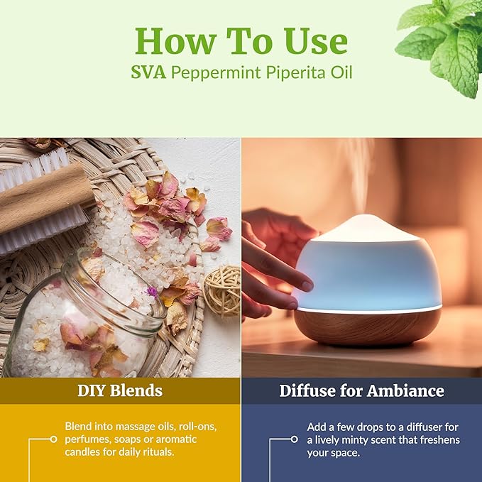 SVA Peppermint Piperita Essential Oil 4 Fl Oz – for Diffuser, Skin & Hair Care – Ideal for Massage & DIY Blends - with Dropper