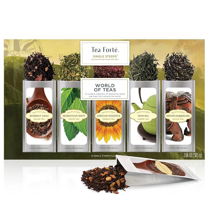 Tea Forte Single Steeps Loose Leaf Tea Sampler, Assorted Variety Tea Box, 15 Single Serve Pouches, World of Teas Tea