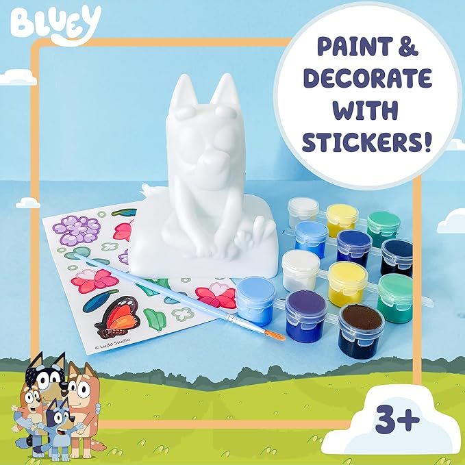 Bluey Paint Your Own Piggy Bank, Includes 6 Paints, Vinyl Stickers, Craft for Kids, Great Gift Birthday Party, Toy Figures, Paintable Toys for Toddlers 1-3