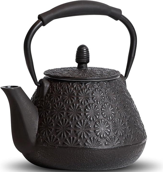 Cast Iron Teapot, 32oz Japanese Sakura Blossom Pattern Tea Kettle, Stovetop Safe, Infuser for Loose Leaf & Coffee, Silicone Handle, Enamel Interior, 950ml Black