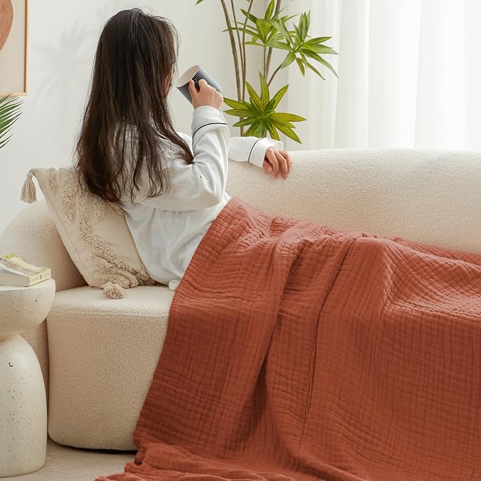 Love's cabin 100% Cotton Muslin Blanket, 6 Layer Lightweight Breathable Gauze Twin Size Blanket 60 x 80 Inches, Soft Summer Blanket for Bed or Couch, Orange
