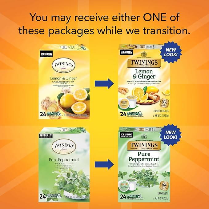 Twinings Pure Peppermint Herbal Tea K-Cups for Keurig, 24 Count (Pack of 1) + Lemon & Ginger Herbal Tea K-Cups for Keurig, 24 Count (Pack of 1)