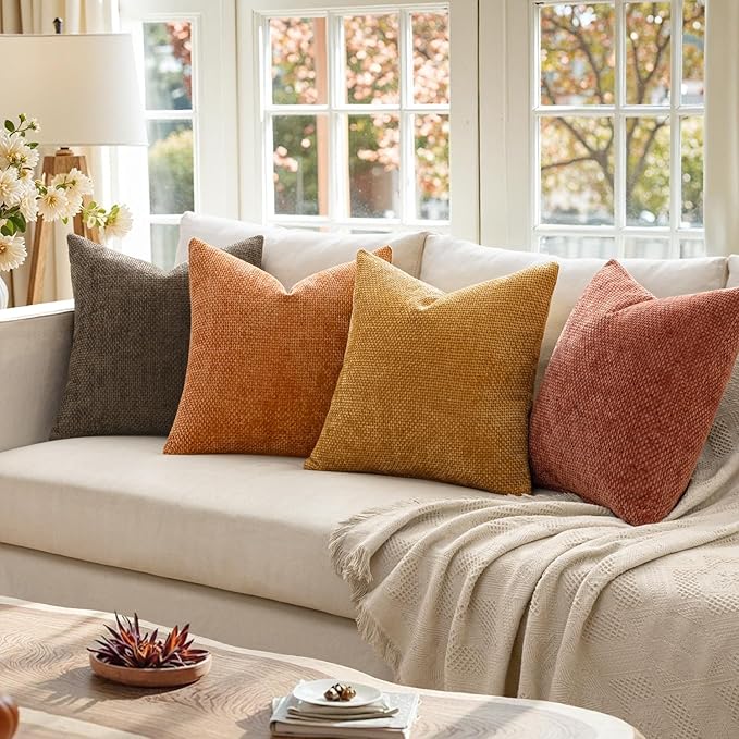 MIULEE Decorative Chenille Fall Pillow Covers Orange Brown 20x20 Pack of 4 | Rustic Decor, Autumn Harvest Orange Collection, Couch Throw Pillows, Farmhouse Boho Cushion Covers for Sofa Bed Living Room