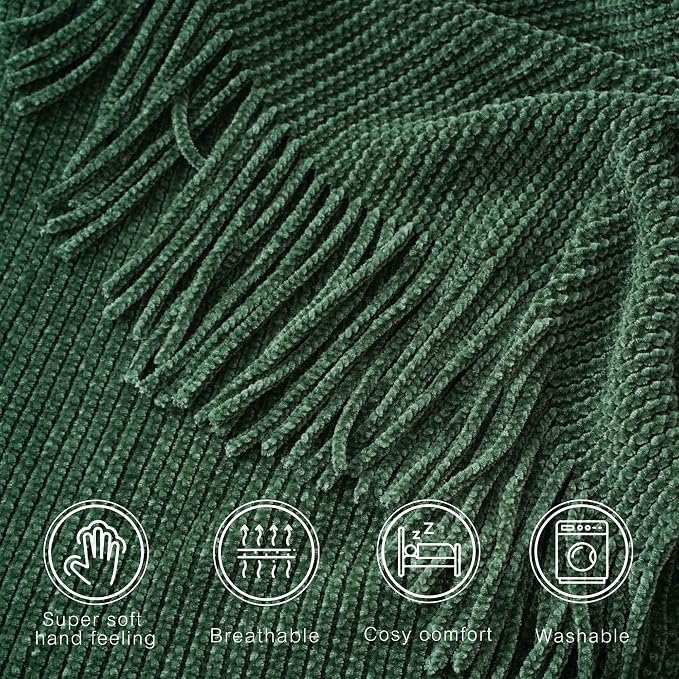 BATTILO HOME Dark Green Throw Blanket for Couch, 50"x60" | Soft Chenille Knit Throws with Tassels for Home Decor, Spring Green Throws for Couch Cover