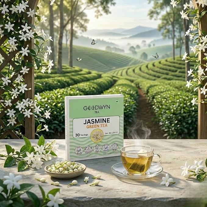 Goodwyn Jasmine Green Tea, 60 Tea Bags | 100% Green Tea with Real Jasmine Blossoms | Low Caffeine | Plastic Free Bags | Floral Aroma Blend