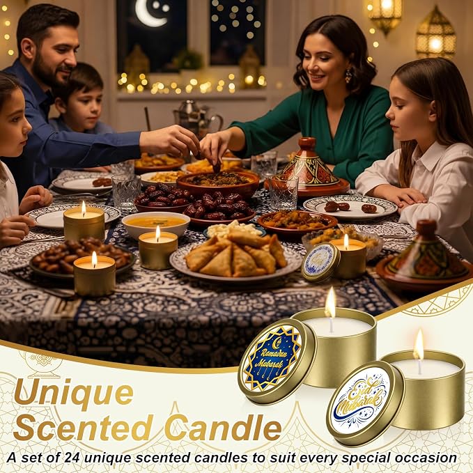 Nuanchu 24 Pack Eid Mubarak Scented Candles Gift 2 oz Blue Gold Star and Moon Design Ramadan Aromatherapy Soy Wax Jars Lasting Bulk Favors for Home Islamic Holiday Party Decor