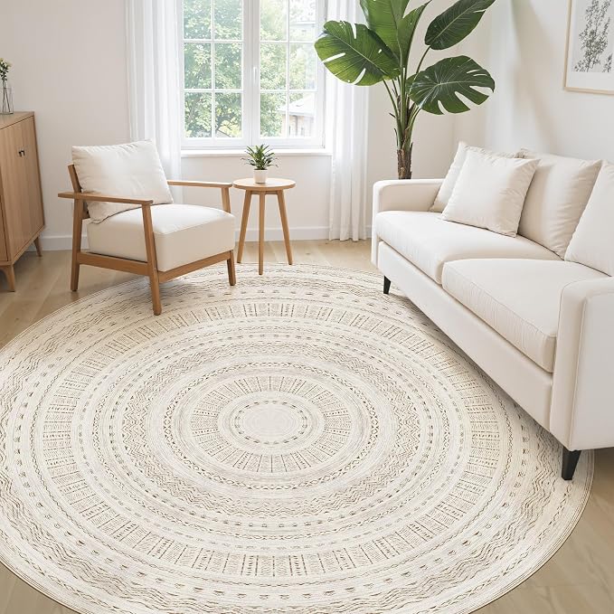 cotiled 8x8 Round Area Rugs Living Room Rug: Washable Boho Rugs with Non Slip Backing Large Soft Indoor Stain Resistant Carpet for Bedroom Farmhouse Dining Room Lightweight Home Decor Brown/Cream