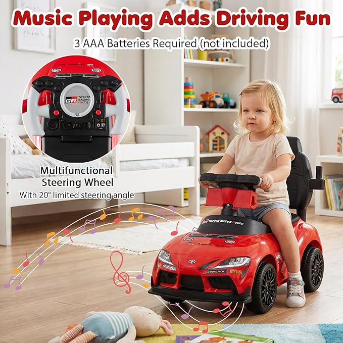 Costzon Push Car for Toddlers, 3 in 1 Toyota Licensed Stroller Sliding Walking Car w/Handle, Music, Safety Guardrail, Under-Seat Storage, Foot-to-Floor Kids Ride On Toys for Boys Girls (Red)
