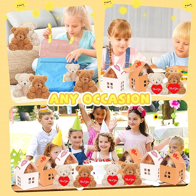 10 Pcs Mini Bears Plush Stuffed Small Fuzzy Bulk Animal Doll, Curly Teddy Bear Party Favors Valentine's Day Gift Toys with Paper Houses for Kids' Birthday Party Supplies(Brown, Apricot)