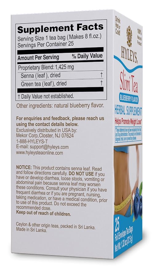 HYLEYS Slim Tea Blueberry Flavor - Weight Loss Herbal Supplement Cleanse and Detox - 25 Tea Bags (6 Pack)