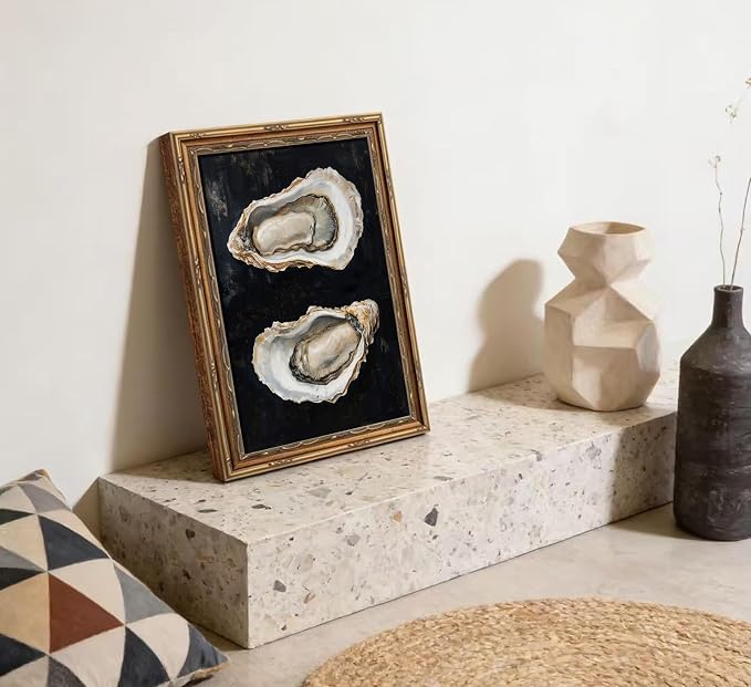Vintage Gold Framed Oyster Wall Art Dark Moody Seafood Shell Shel Painting Canvas Print Black Background Seafood Still Life Picture Wall Decor Oyster Paintings Poster Artwor for Kitchen Dining