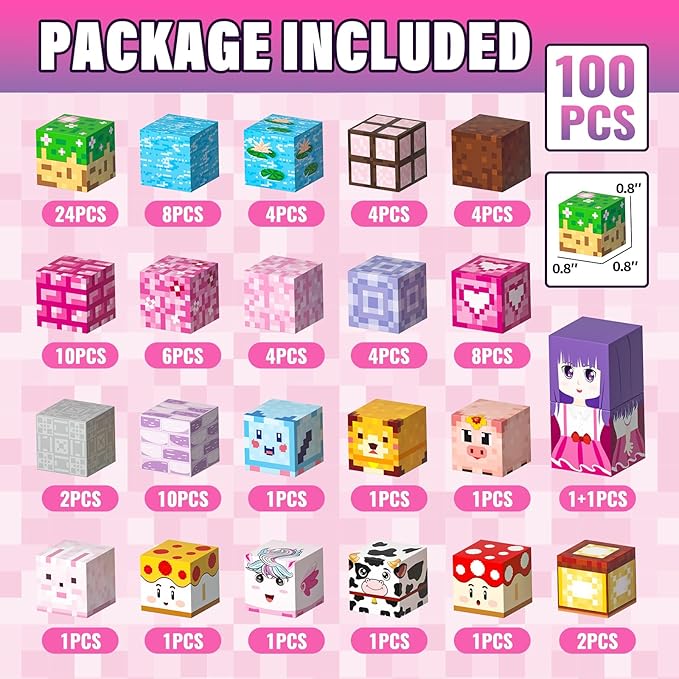 Magnetic Building Blocks Cubes: SETM Educational Toys for Girls Aged 3-12 - Pink 100 PCS, Birthday Gift, Pixel Blossom World
