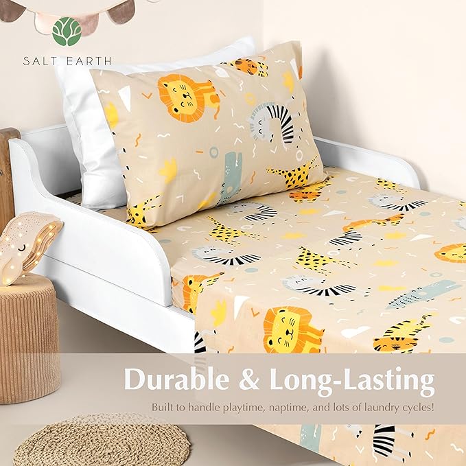 Salt Earth 100% Cotton 210TC Kids Bedsheet, Twin Fitted Sheet, Toddler Bed, 2 Piece Bedding Set- 1 Fitted Sheet and 1 Pillowcase, Themed Toddler Bed Sheets, Cute Sheets for Kids Bed (Summerland)